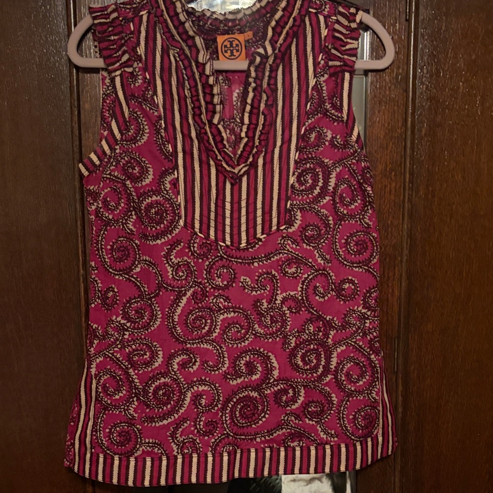 Tory Burch Magenta Swirl-Print Sleeveless Ruffle V-Neck Top size 4 xs s